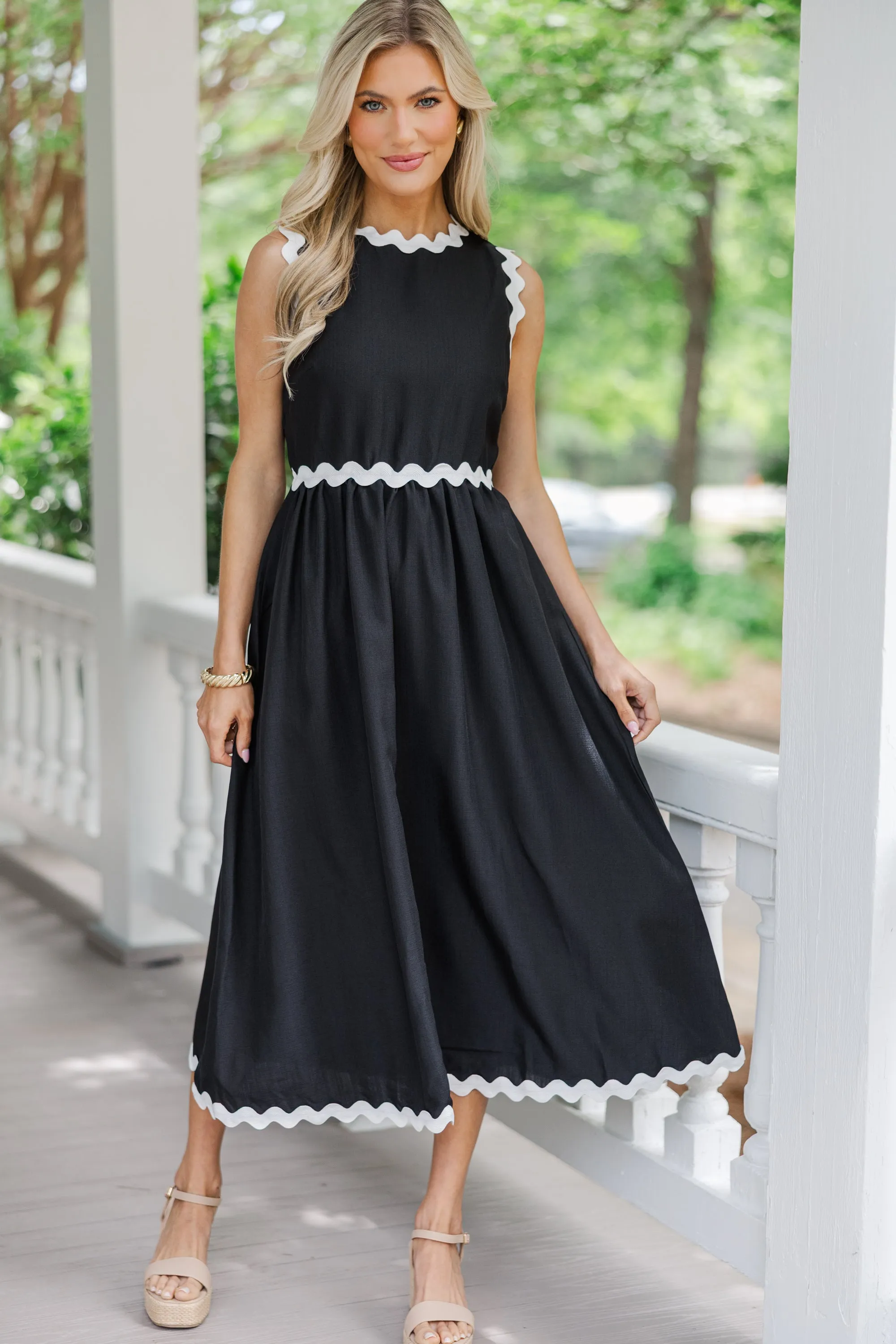 Need To Talk Black Rickrack Midi Dress
