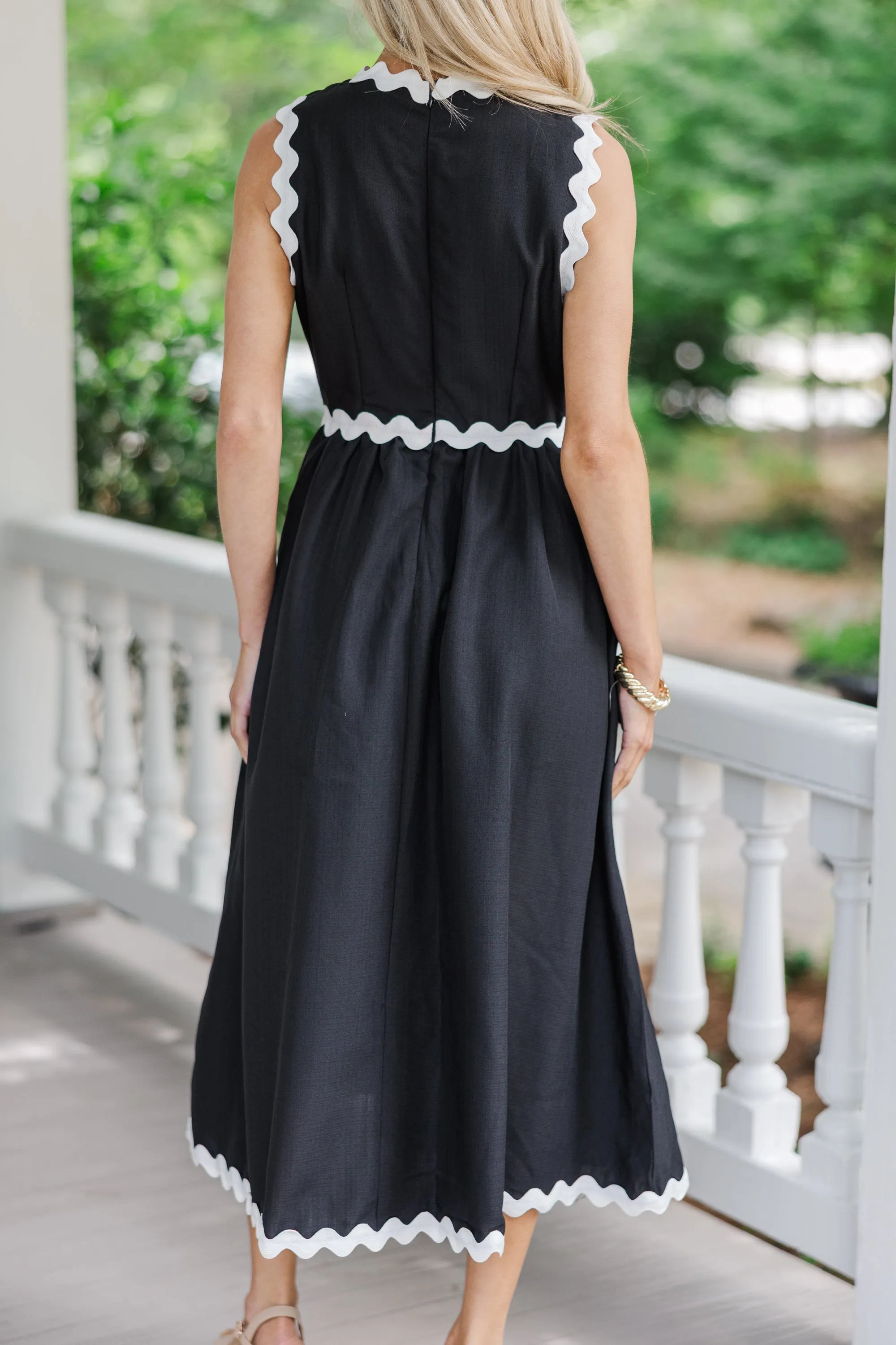 Need To Talk Black Rickrack Midi Dress