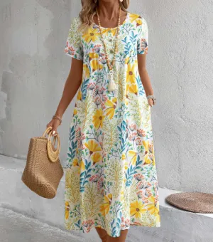 NEW MODLILY DESIGN Yellow Pocket Floral Print A Line Short Sleeve Dress, Sz M, Retails $76