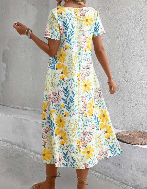 NEW MODLILY DESIGN Yellow Pocket Floral Print A Line Short Sleeve Dress, Sz M, Retails $76