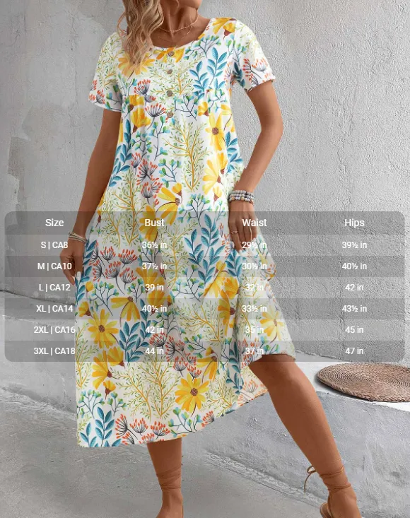 NEW MODLILY DESIGN Yellow Pocket Floral Print A Line Short Sleeve Dress, Sz M, Retails $76