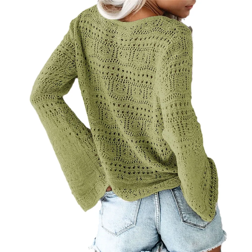 NEW Women Crochet Top Drawstring Oversized Lace Up Lightweight Flare Arm Top, Green, Sz XL