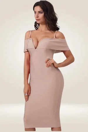 Off The Shoulder Knee Length Nude Bodycon Mini Dress