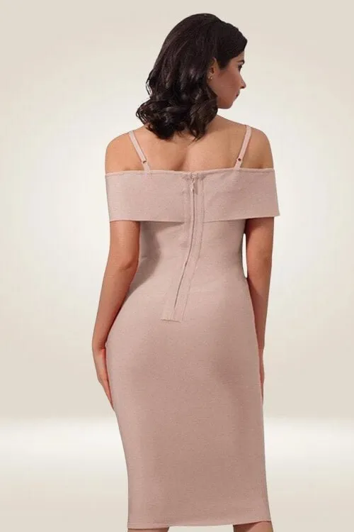 Off The Shoulder Knee Length Nude Bodycon Mini Dress