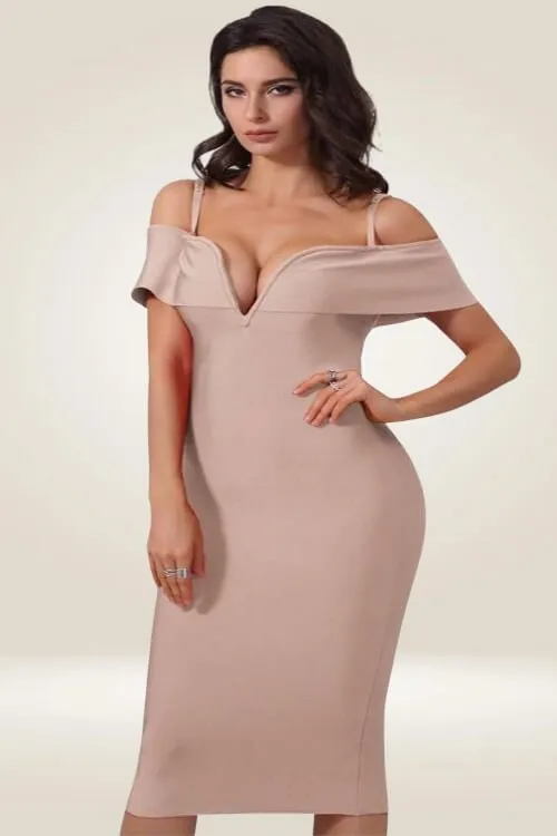 Off The Shoulder Knee Length Nude Bodycon Mini Dress