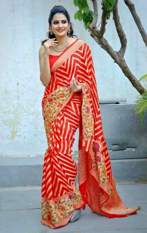 Orange Handloom Meenakari Banarasi Saree