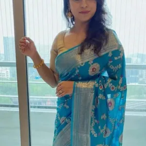 Pastel Blue Floral Jaal Banarasi Saree