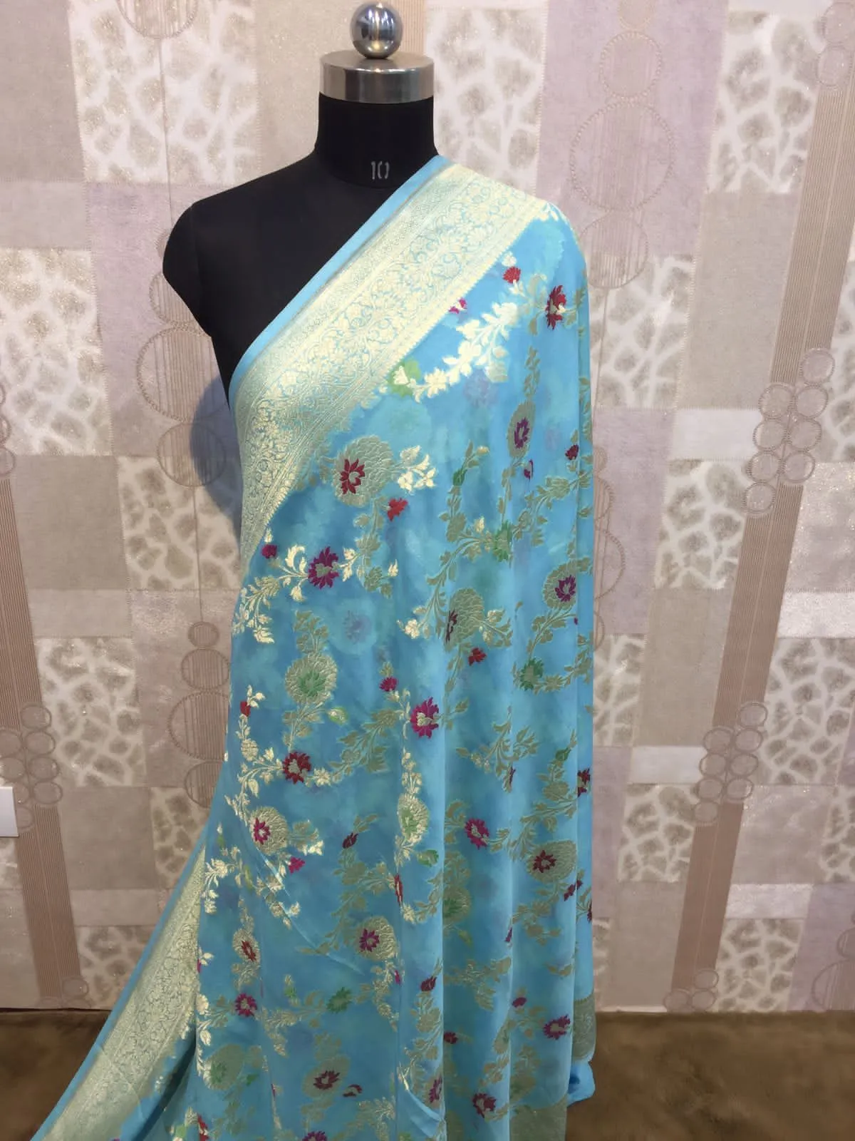 Pastel Blue Floral Jaal Banarasi Saree