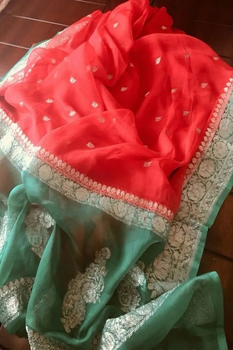 Peach Green Khaddi Chiffon Jaal Banarasi Saree