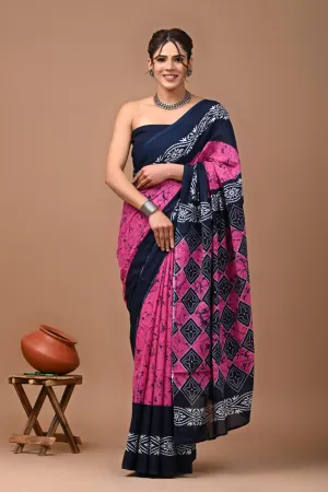 Pink Blue Fun Trending Hand Block Print MulMul Cotton Saree