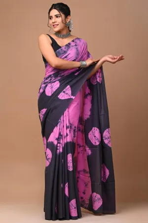 Pink Floral Hand Block Print MulMul Cotton Saree