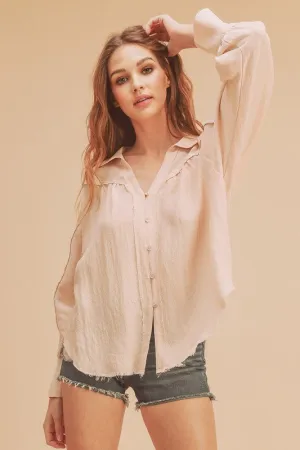 Pink Raw Hem Button Down Raglan Sleeve Shirt