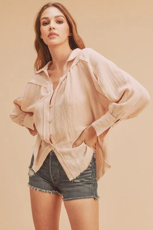 Pink Raw Hem Button Down Raglan Sleeve Shirt