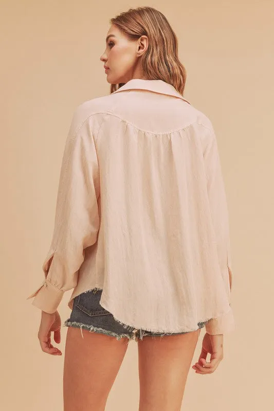 Pink Raw Hem Button Down Raglan Sleeve Shirt