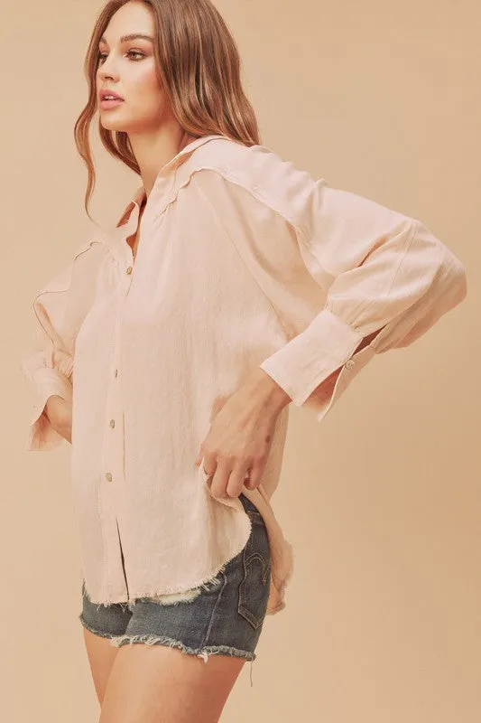 Pink Raw Hem Button Down Raglan Sleeve Shirt