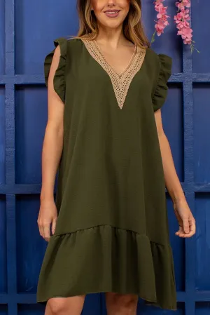 Plain Embroidered Neck Flared Hem Dress