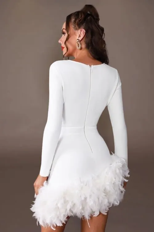Plunge Neckline Feather Skirt White Mini Dress