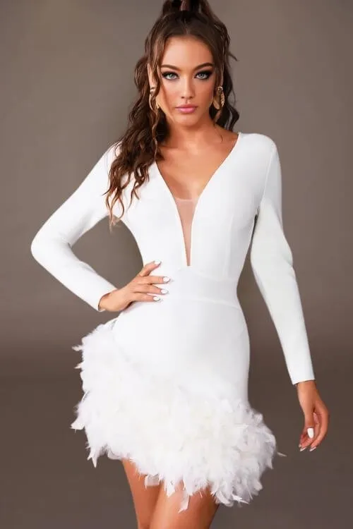 Plunge Neckline Feather Skirt White Mini Dress