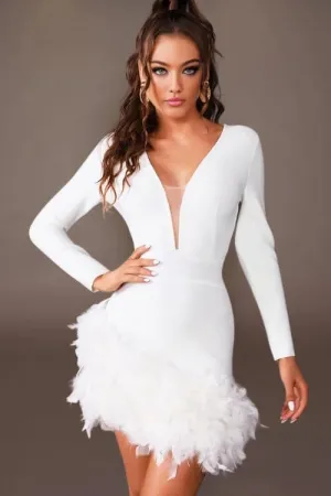 Plunge Neckline Feather Skirt White Mini Dress