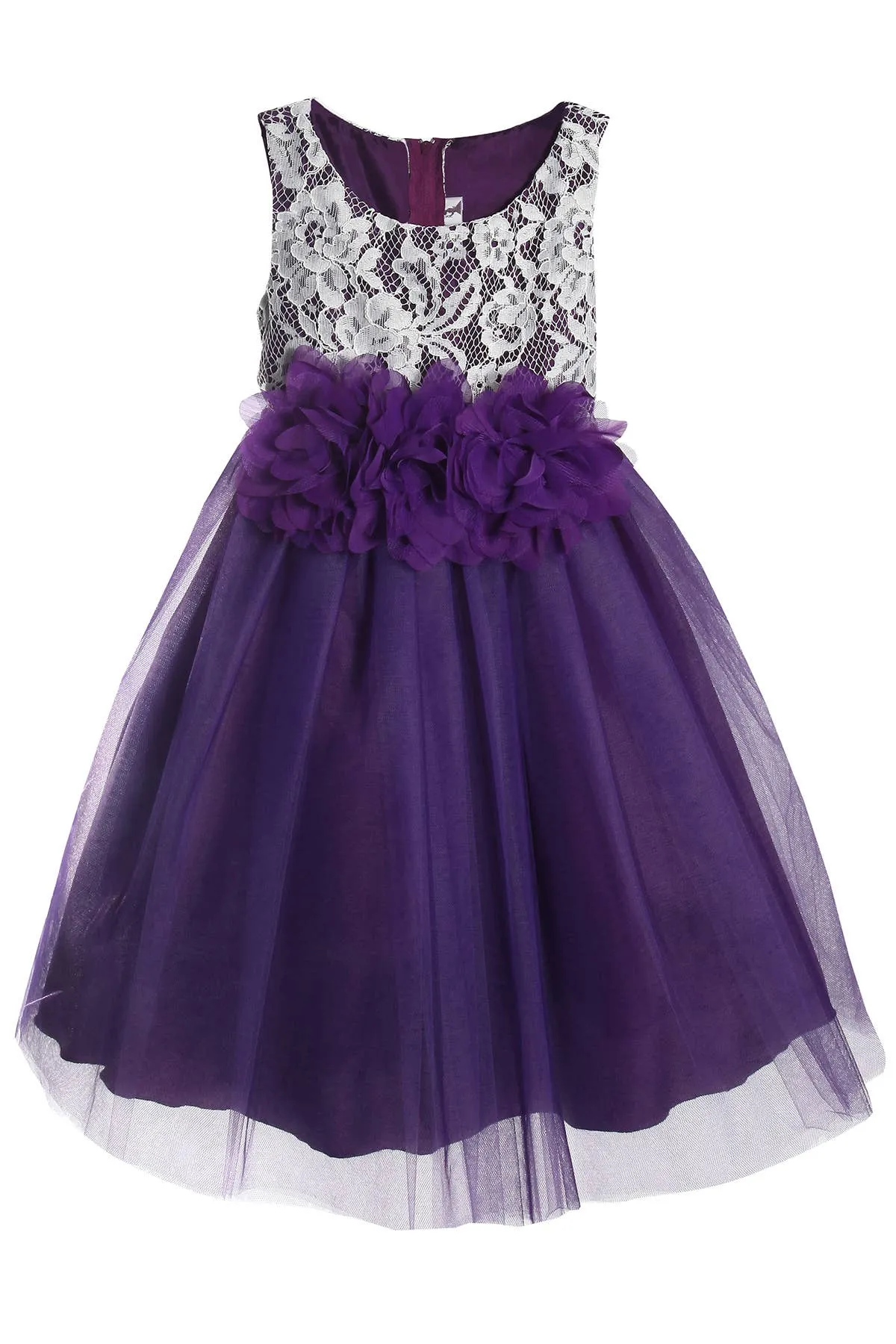 Purple Lace Illusion Baby Dress With 3 Mesh Flowers