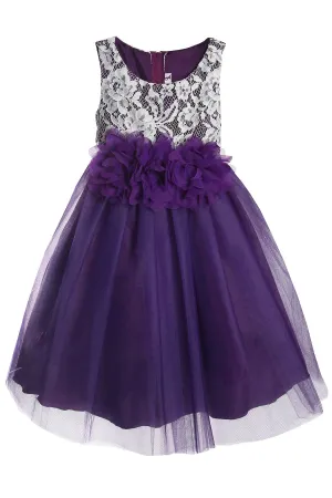 Purple Lace Illusion Baby Dress With 3 Mesh Flowers