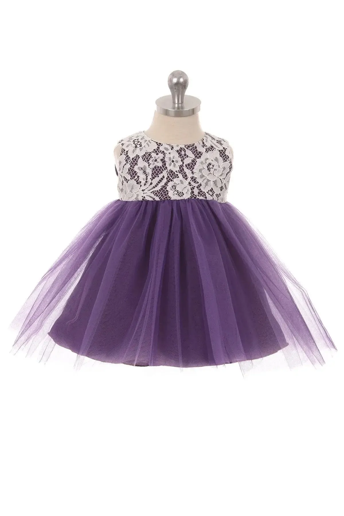 Purple Lace Illusion Baby Dress With 3 Mesh Flowers