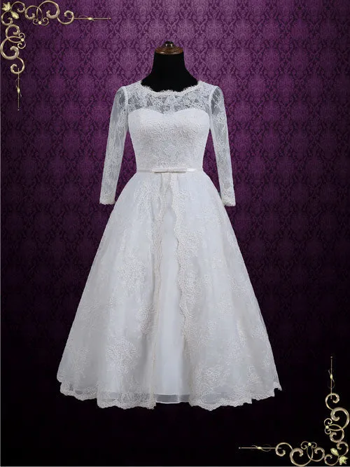 Ready to Wear Vintage Inspired Tea Length Lace Wedding Dress with Sleeves MAYA