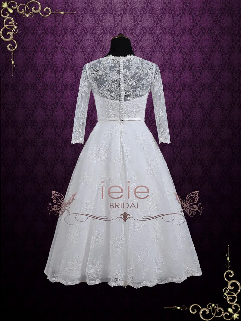 Ready to Wear Vintage Inspired Tea Length Lace Wedding Dress with Sleeves MAYA
