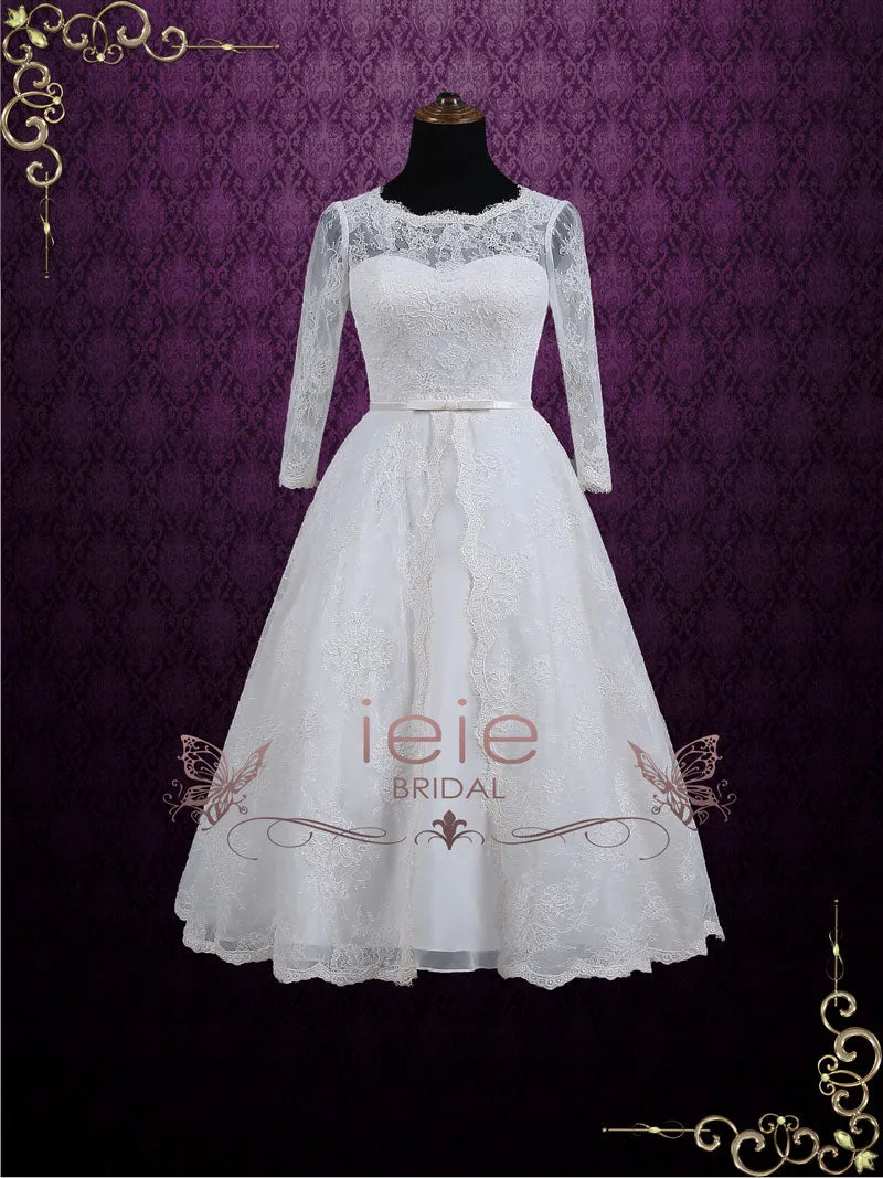 Ready to Wear Vintage Inspired Tea Length Lace Wedding Dress with Sleeves MAYA