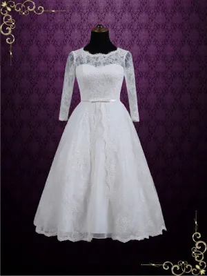 Ready to Wear Vintage Inspired Tea Length Lace Wedding Dress with Sleeves MAYA