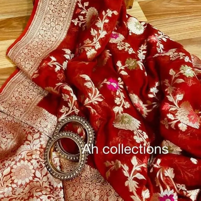 Red Floral Jaal Semi Georgette Banarasi Saree