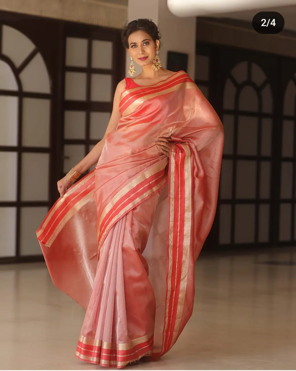 Red Shimmer Banarasi Handloom Tissue Zari Border Silk Saree