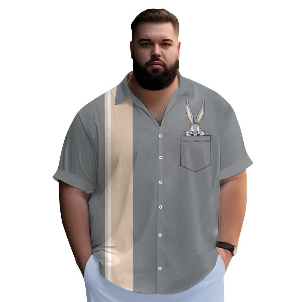 Retro Cartoon Rabbit Striped Print Chest Pocket Short Sleeve Shirt 2405001940
