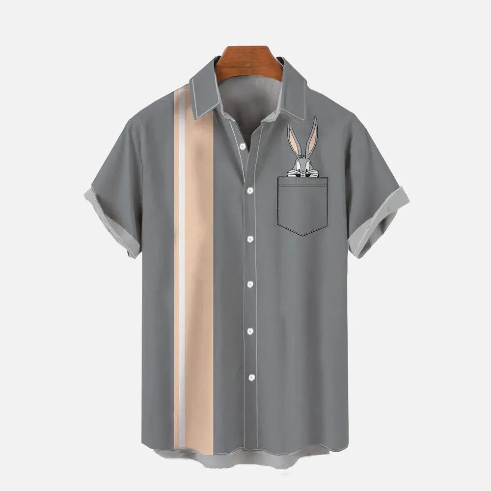 Retro Cartoon Rabbit Striped Print Chest Pocket Short Sleeve Shirt 2405001940