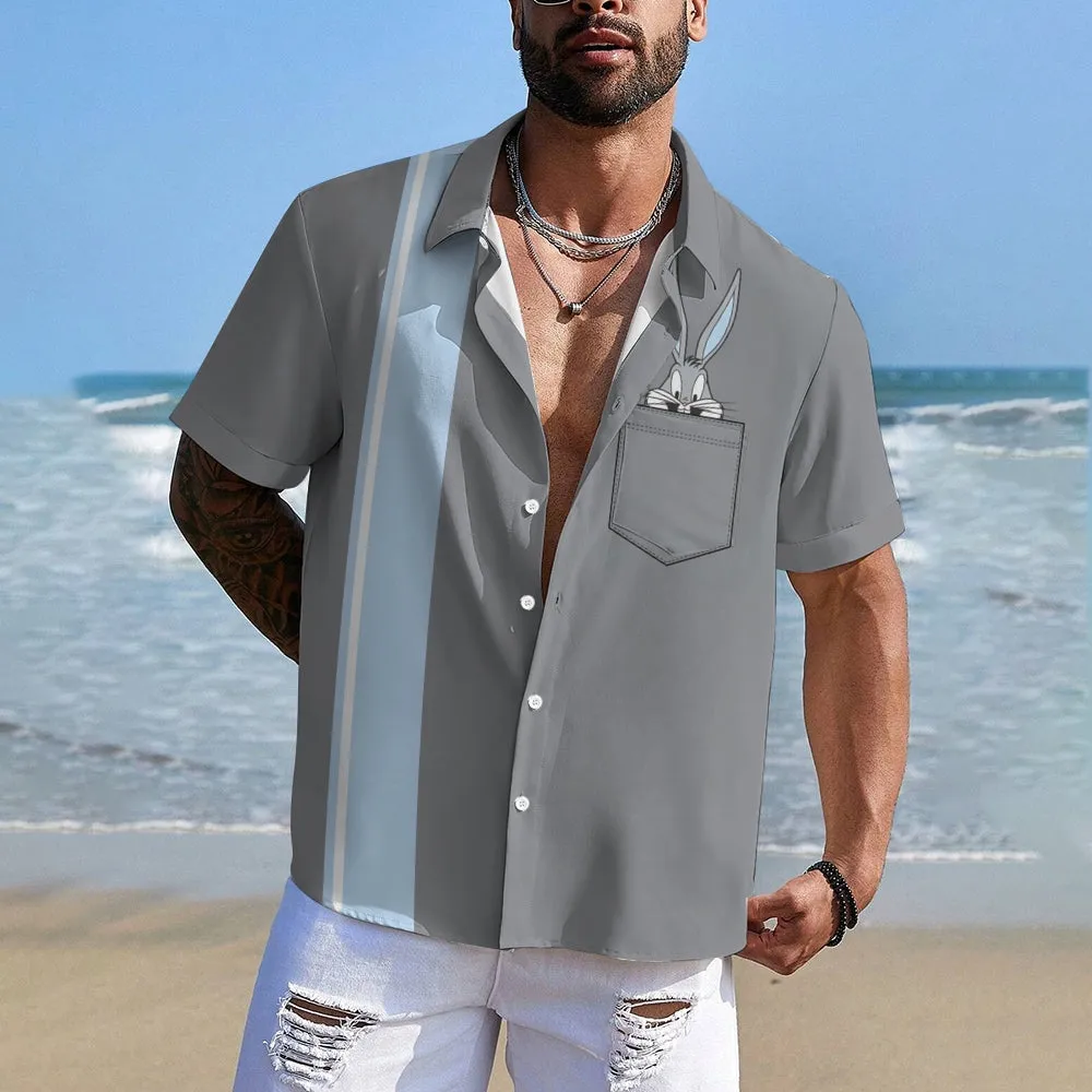 Retro Cartoon Rabbit Striped Print Chest Pocket Short Sleeve Shirt 2405001940