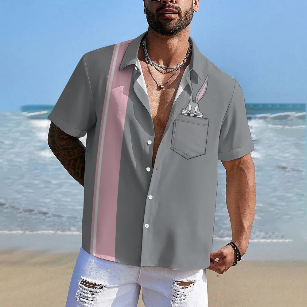 Retro Cartoon Rabbit Striped Print Chest Pocket Short Sleeve Shirt 2405001940