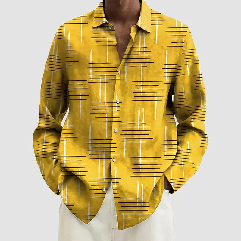 Retro Geometry Lines Print Long Sleeve Hawaiian Shirt