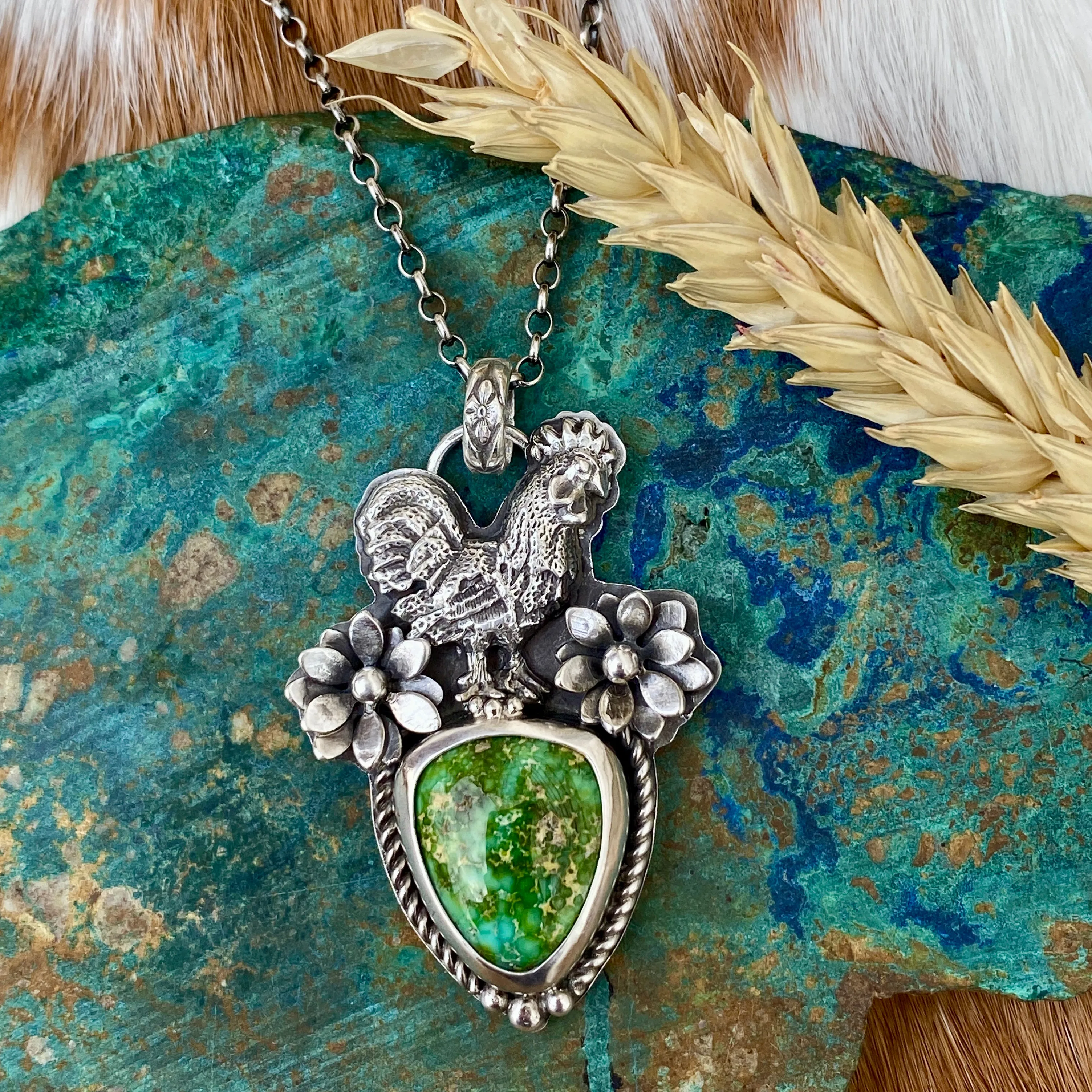 Rooster in the Garden Royston Turquoise sterling silver necklace