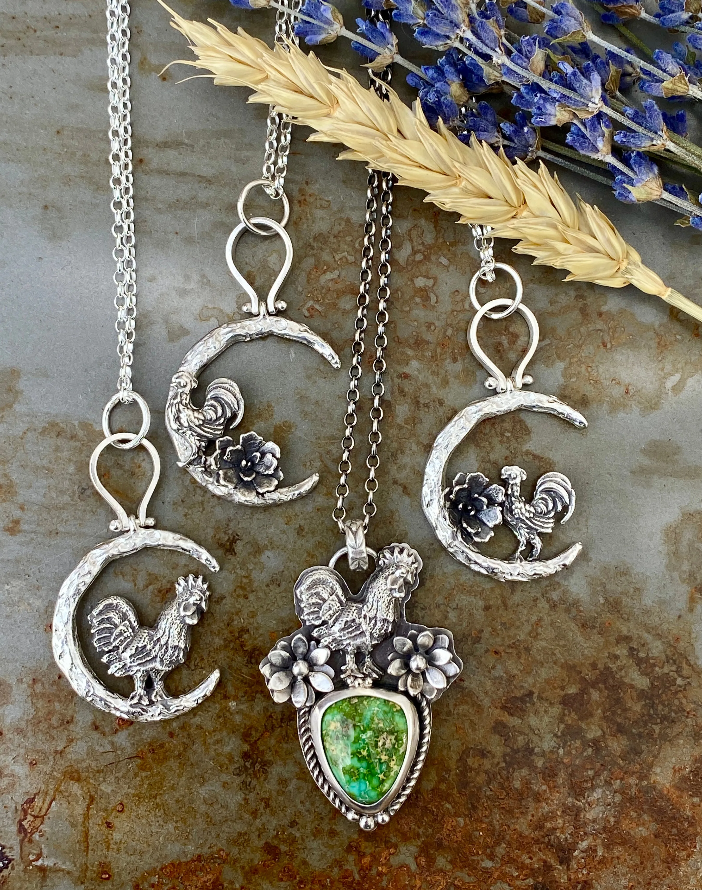 Rooster in the Garden Royston Turquoise sterling silver necklace