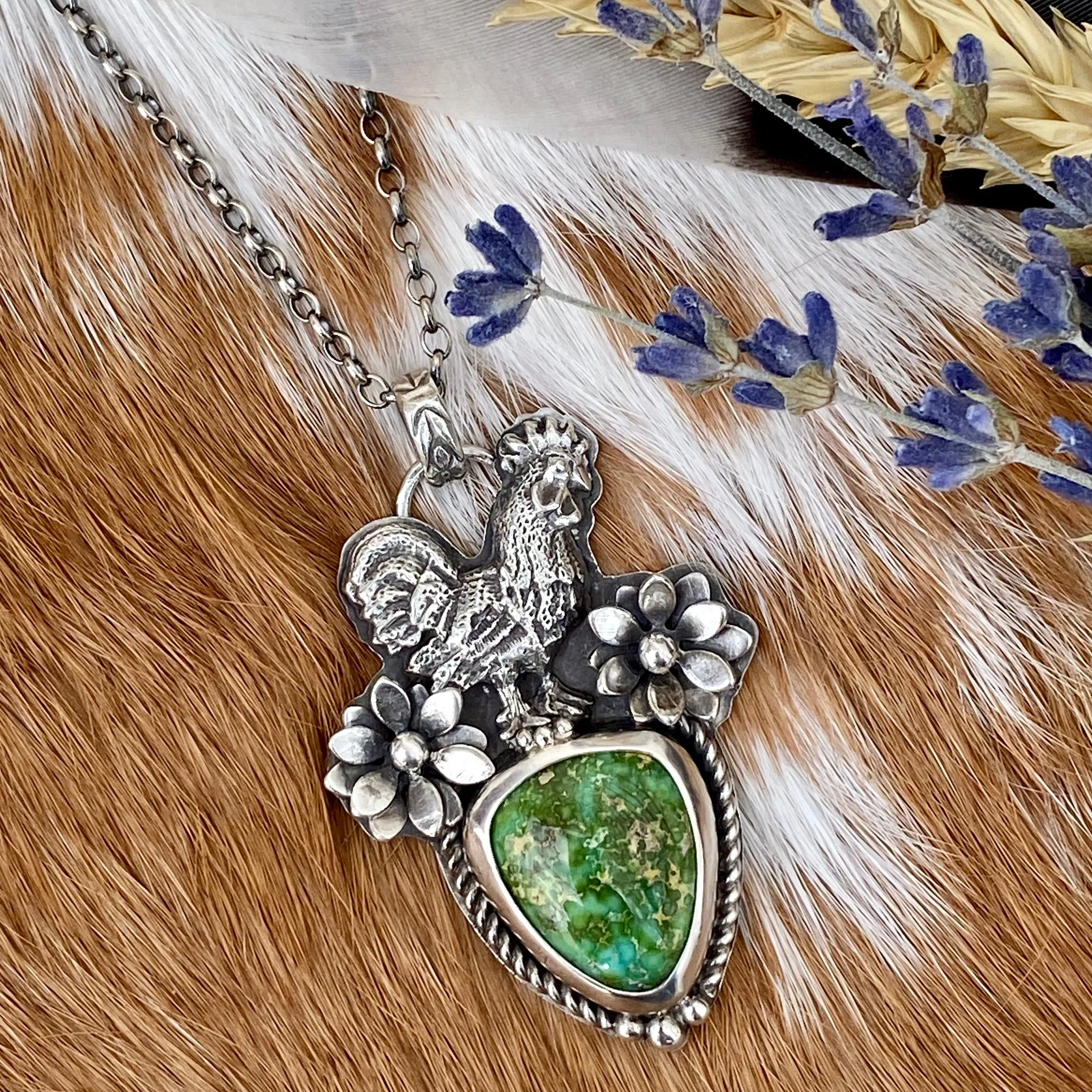 Rooster in the Garden Royston Turquoise sterling silver necklace