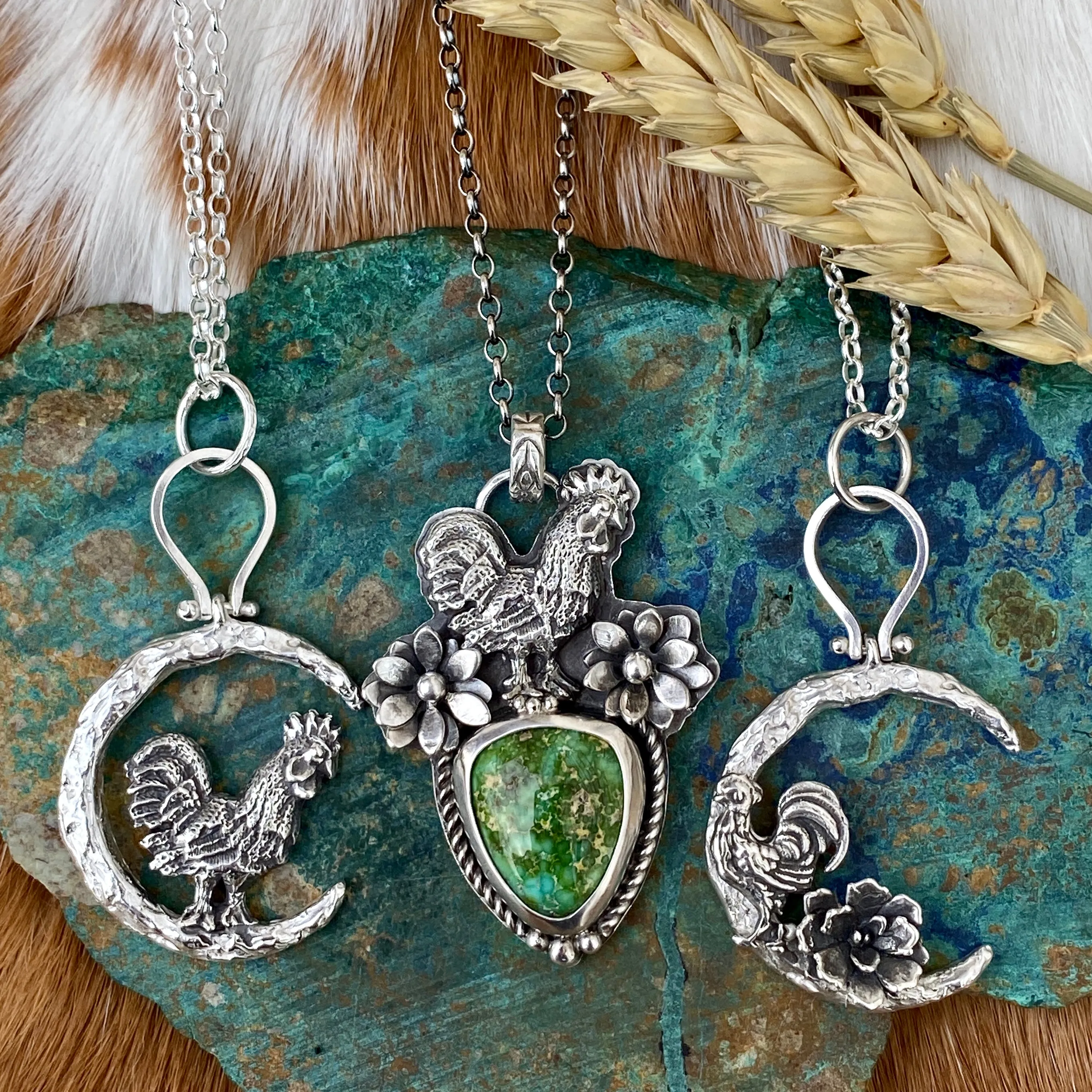Rooster in the Garden Royston Turquoise sterling silver necklace