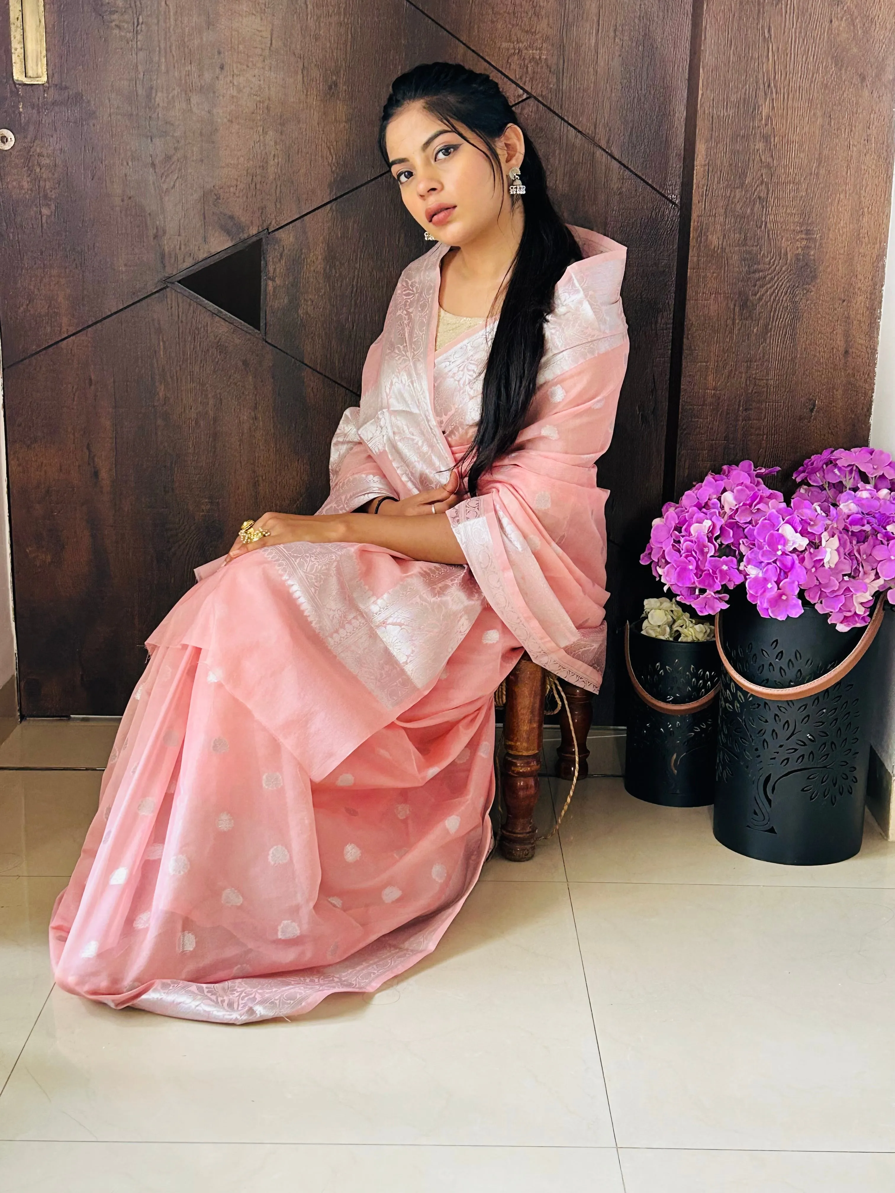 Rose Pink Banarasee Semi Georgette Zari Saree