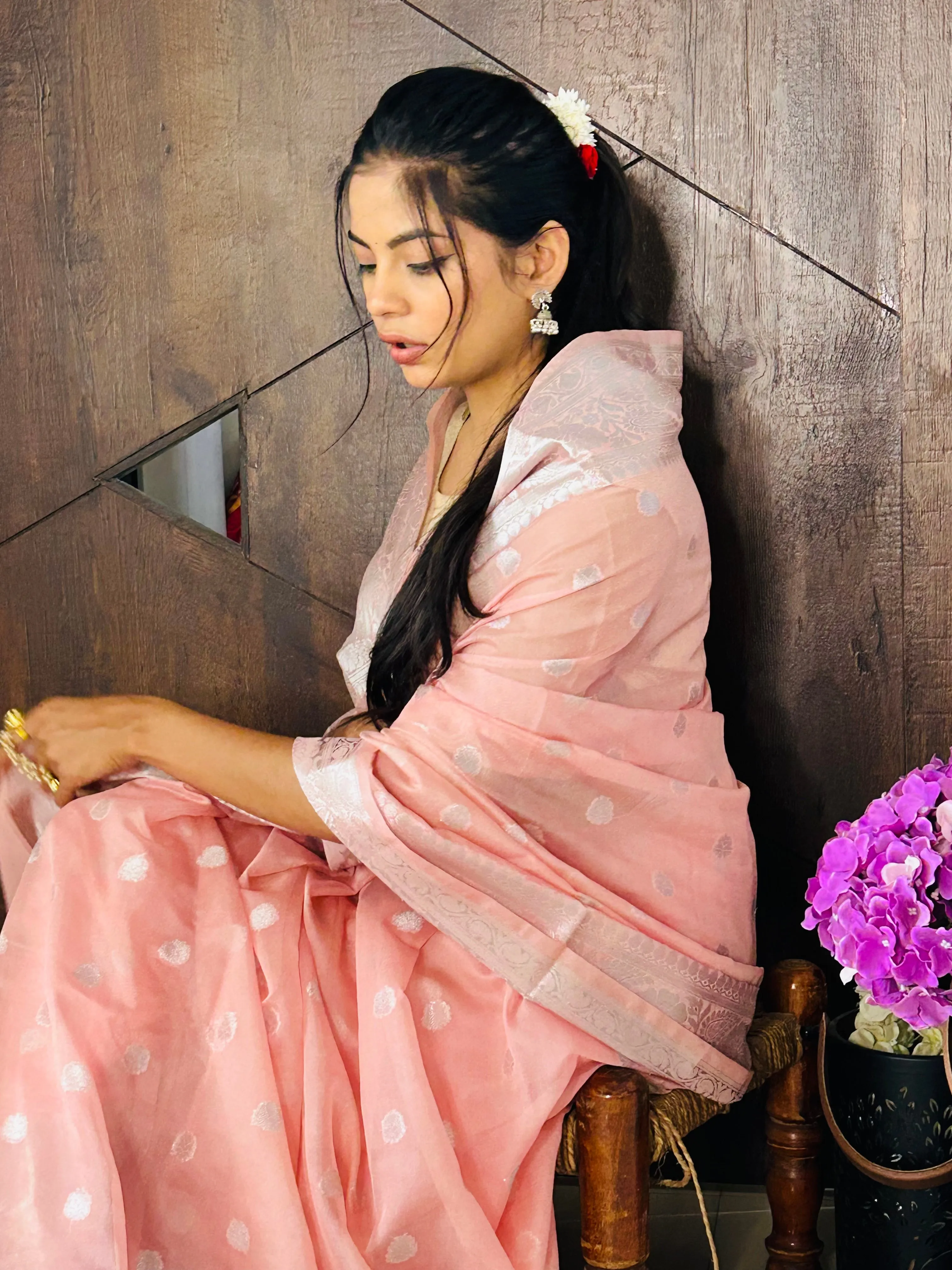 Rose Pink Banarasee Semi Georgette Zari Saree