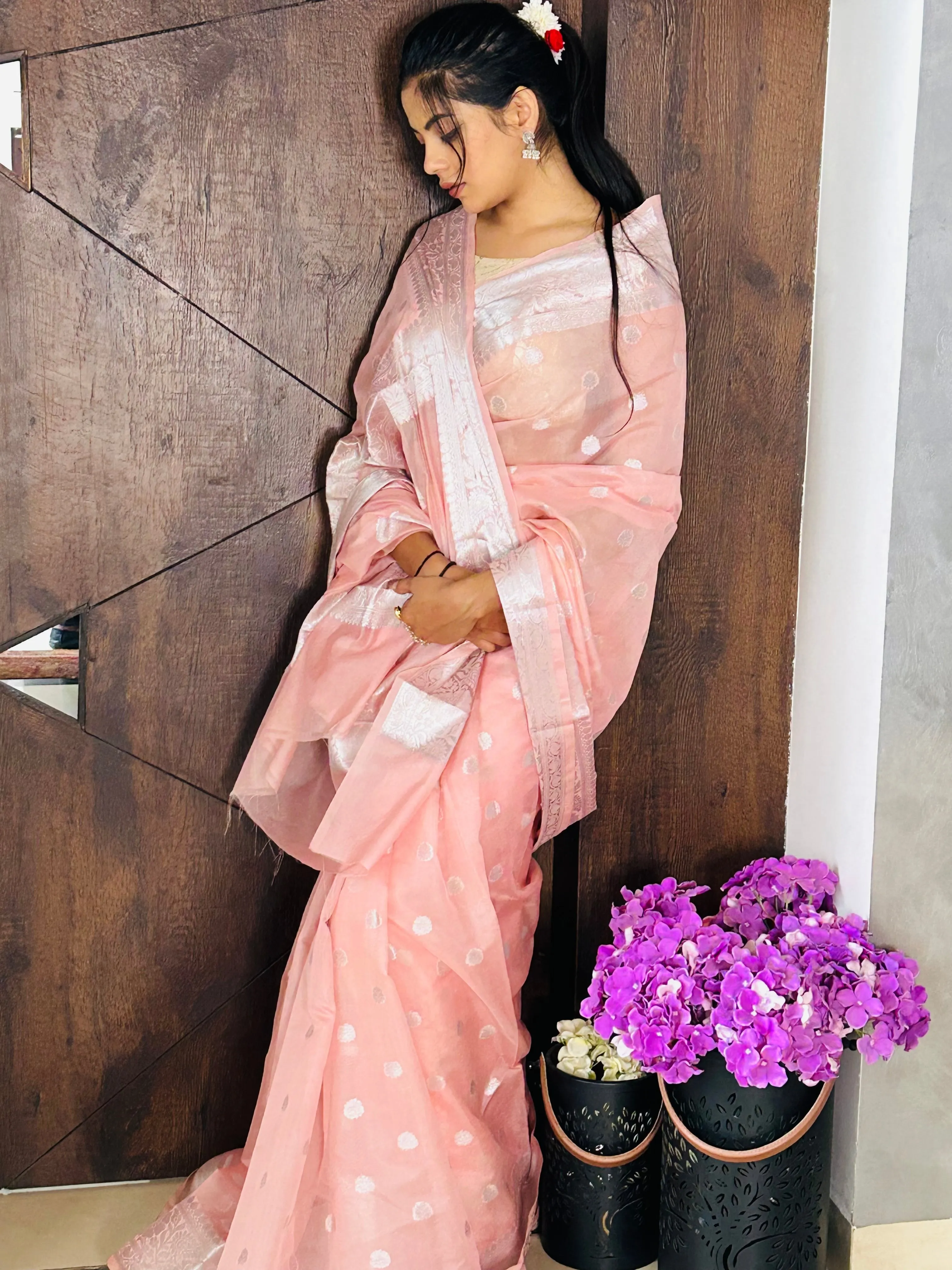 Rose Pink Banarasee Semi Georgette Zari Saree