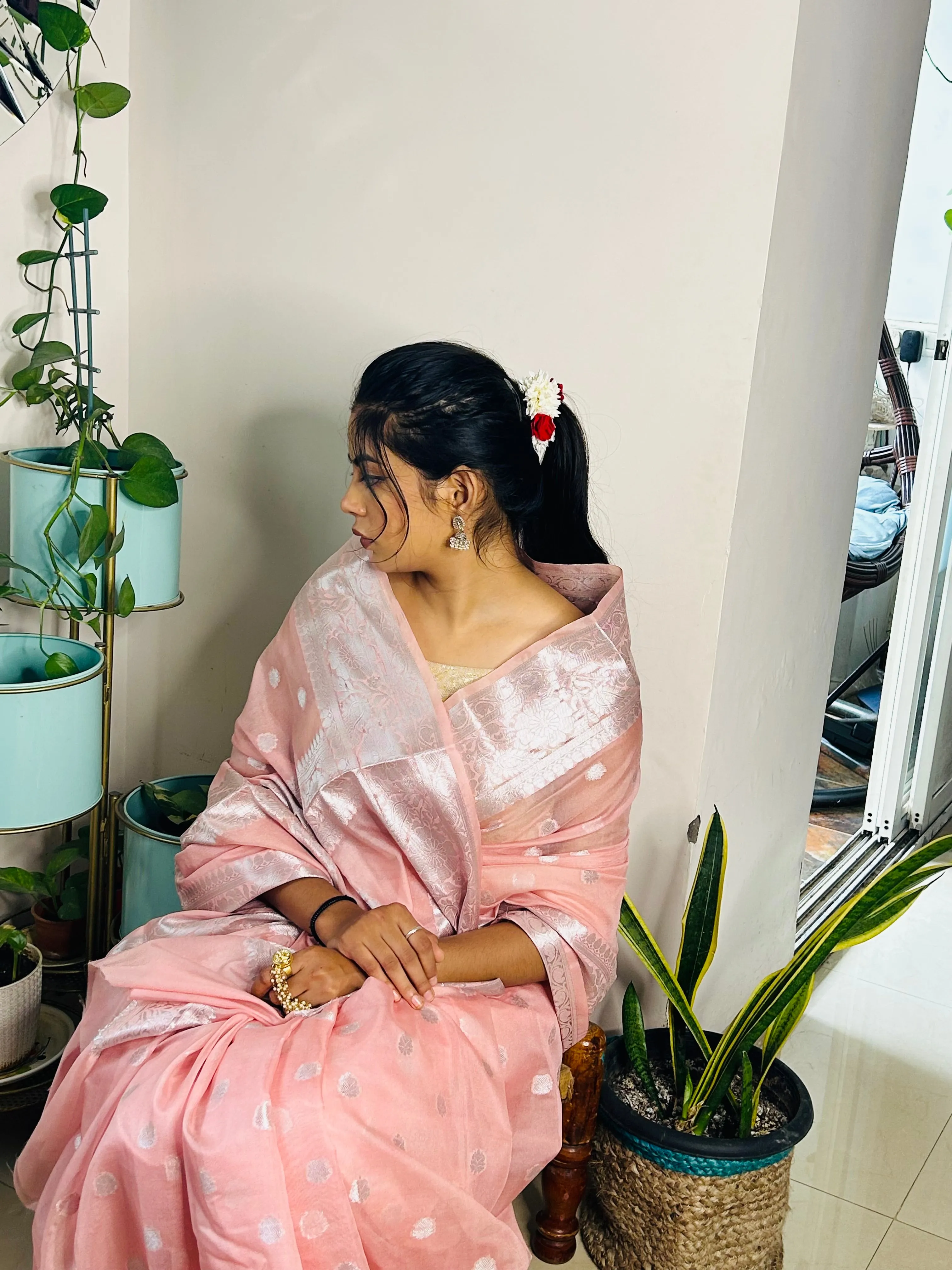 Rose Pink Banarasee Semi Georgette Zari Saree