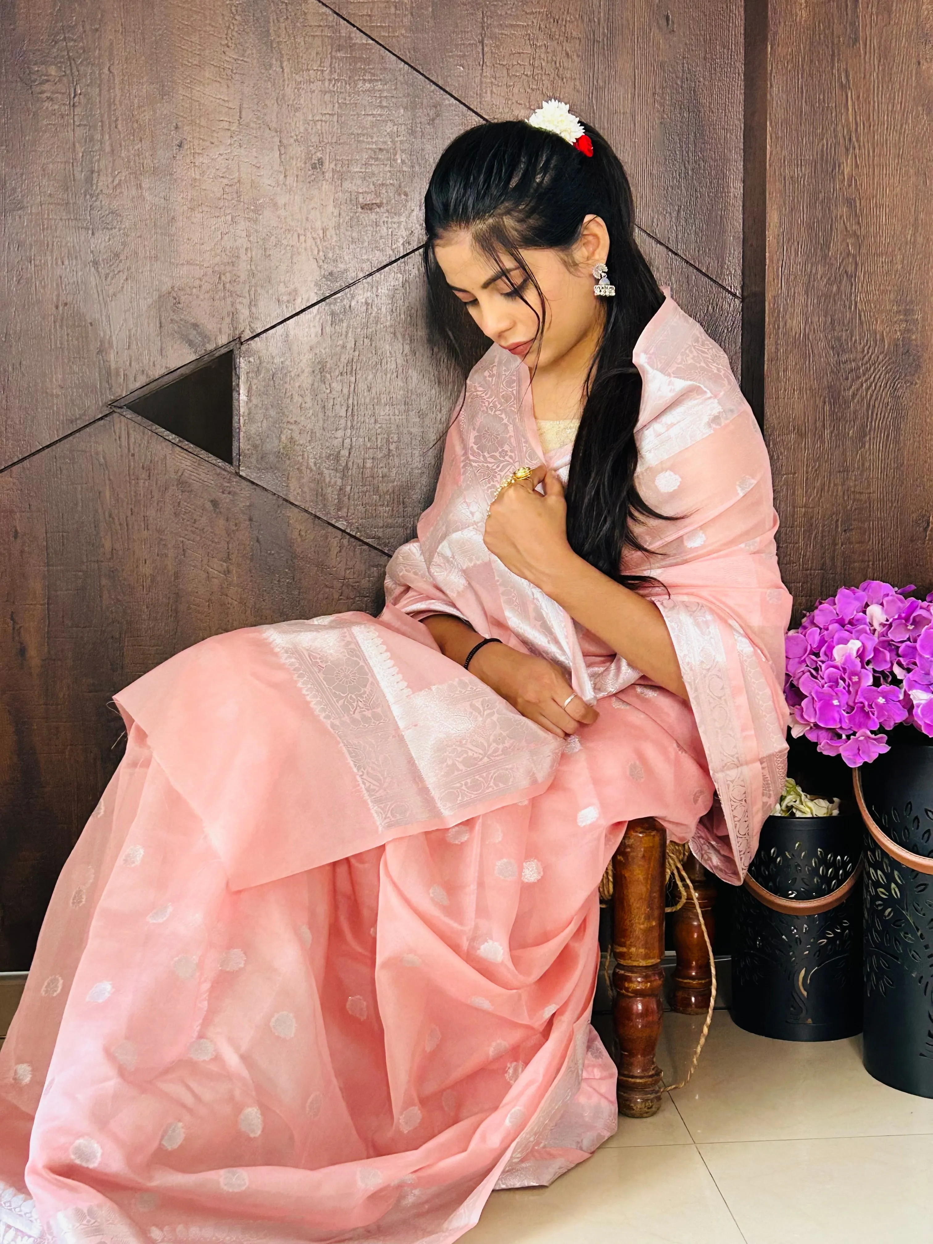 Rose Pink Banarasee Semi Georgette Zari Saree