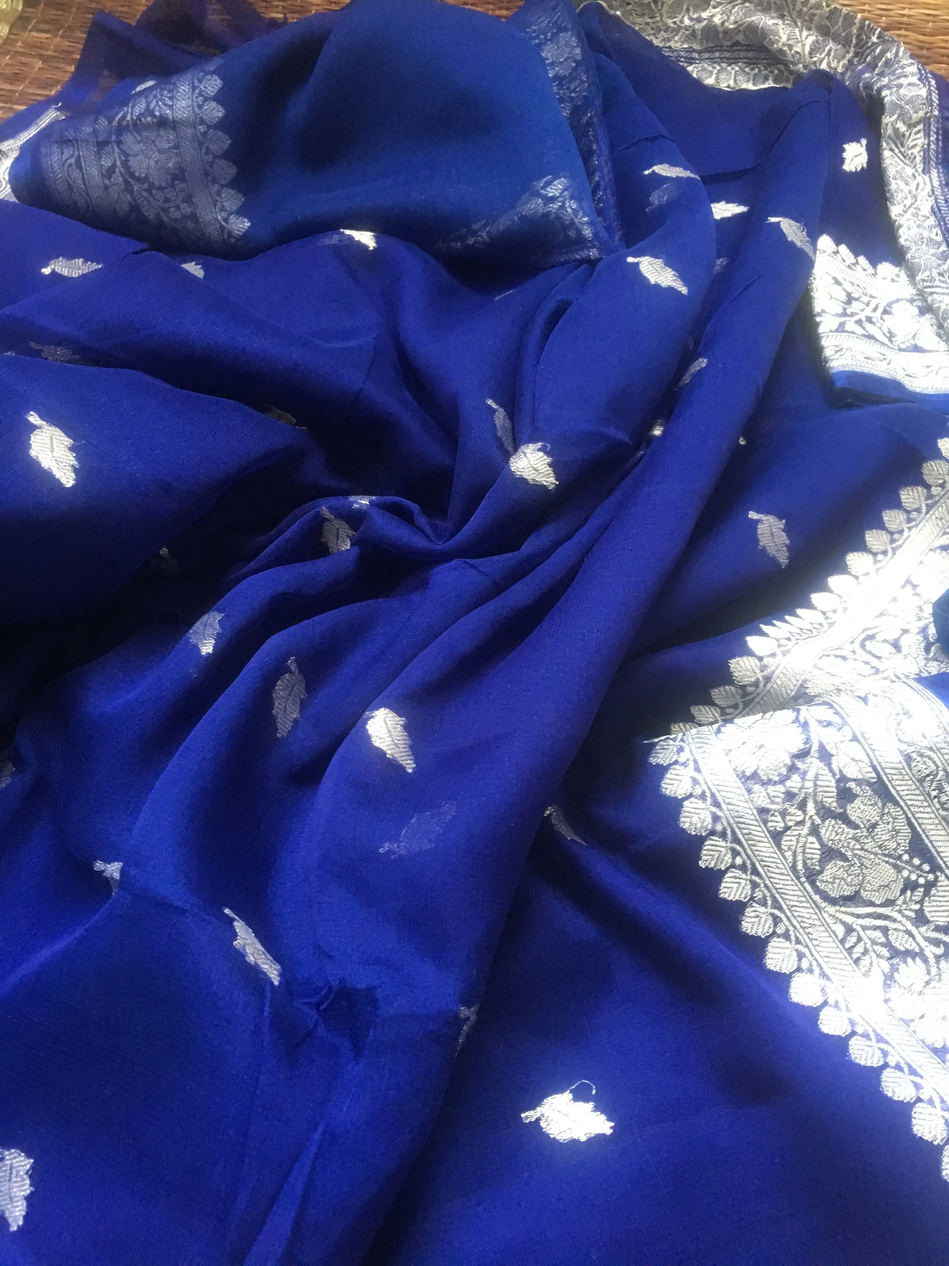 Royal Blue Banarasi Jaal Khaddi Chiffon Saree