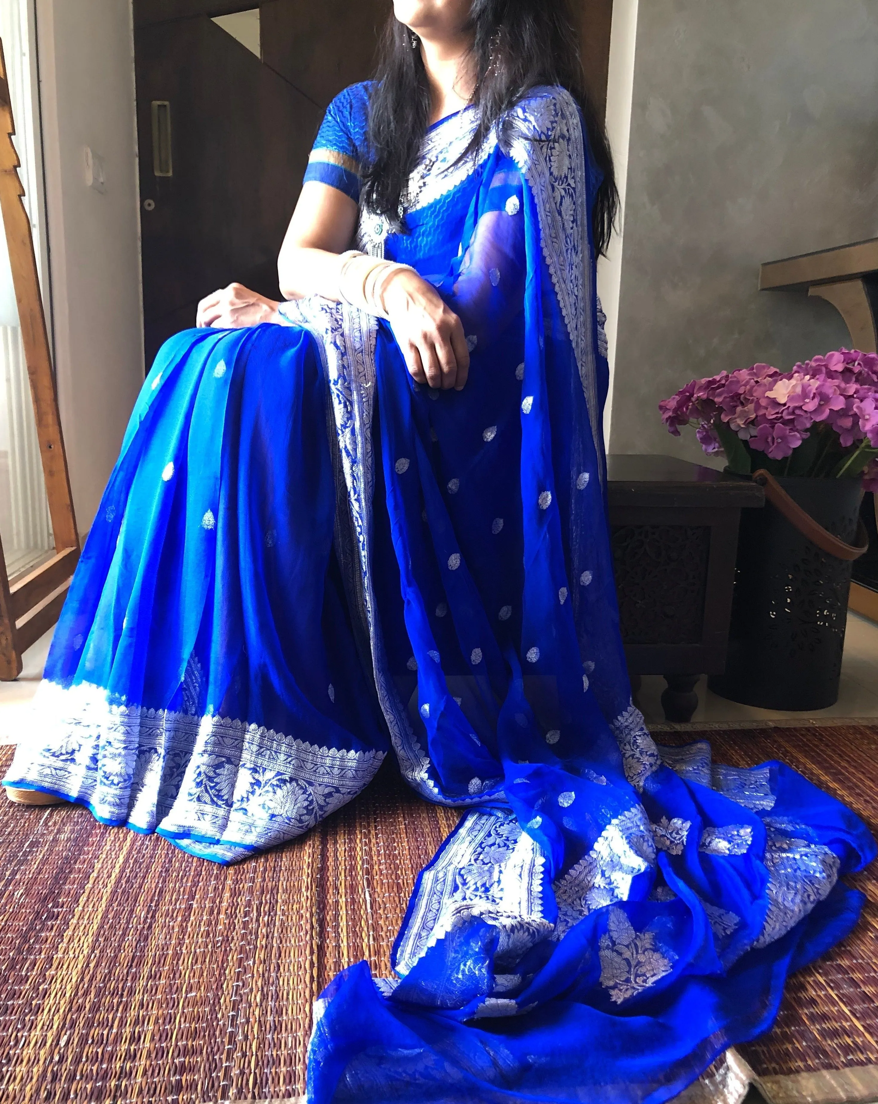 Royal Blue Banarasi Jaal Khaddi Chiffon Saree