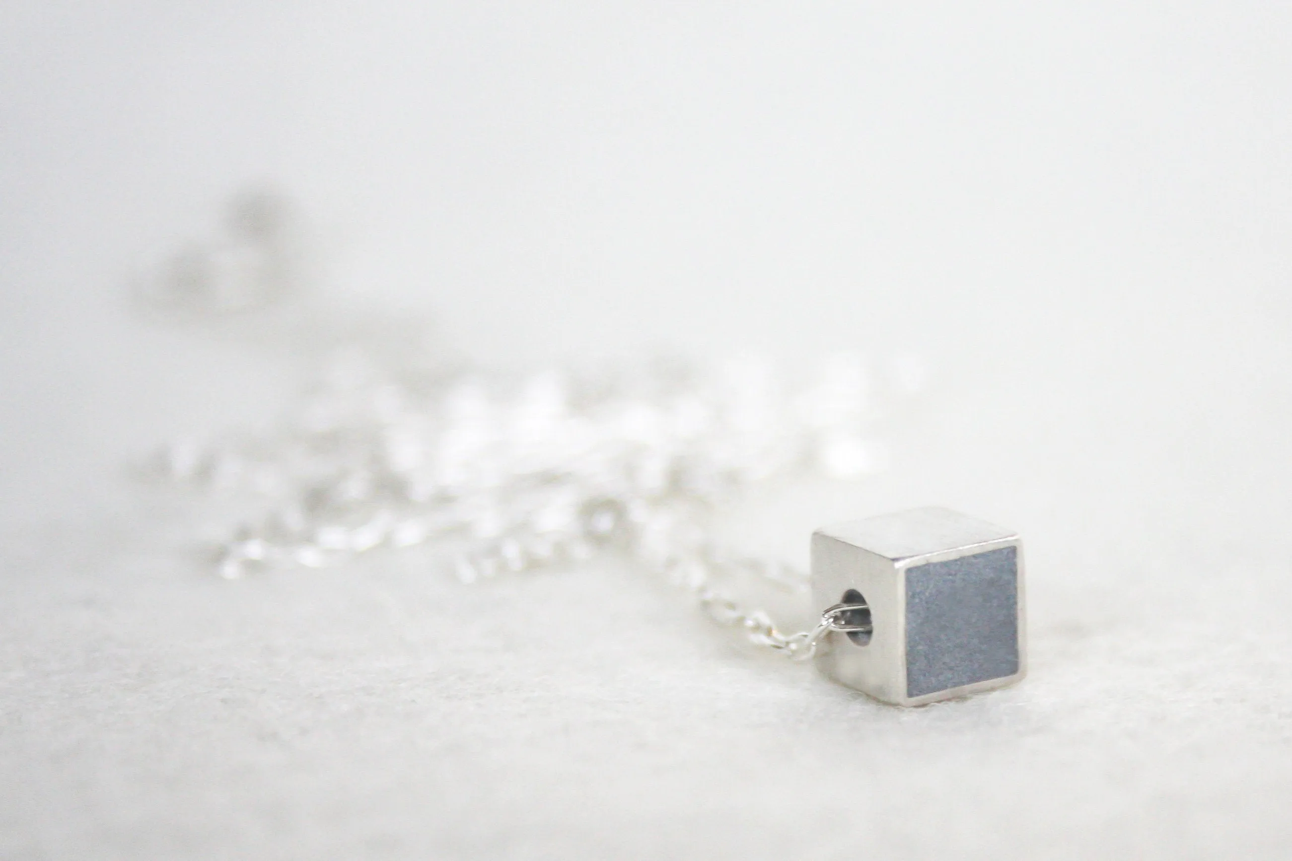 Silver & Concrete Tiny Geometric Cube Necklace