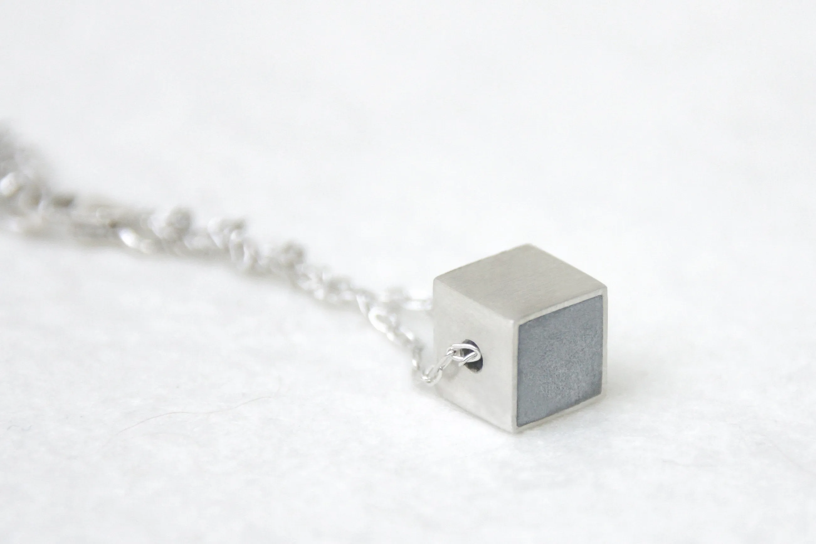 Silver & Concrete Tiny Geometric Cube Necklace